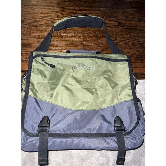 Orvis Nylon Messenger Bag Grey and Light Green with shoulder Strap - Picture 1 of 5